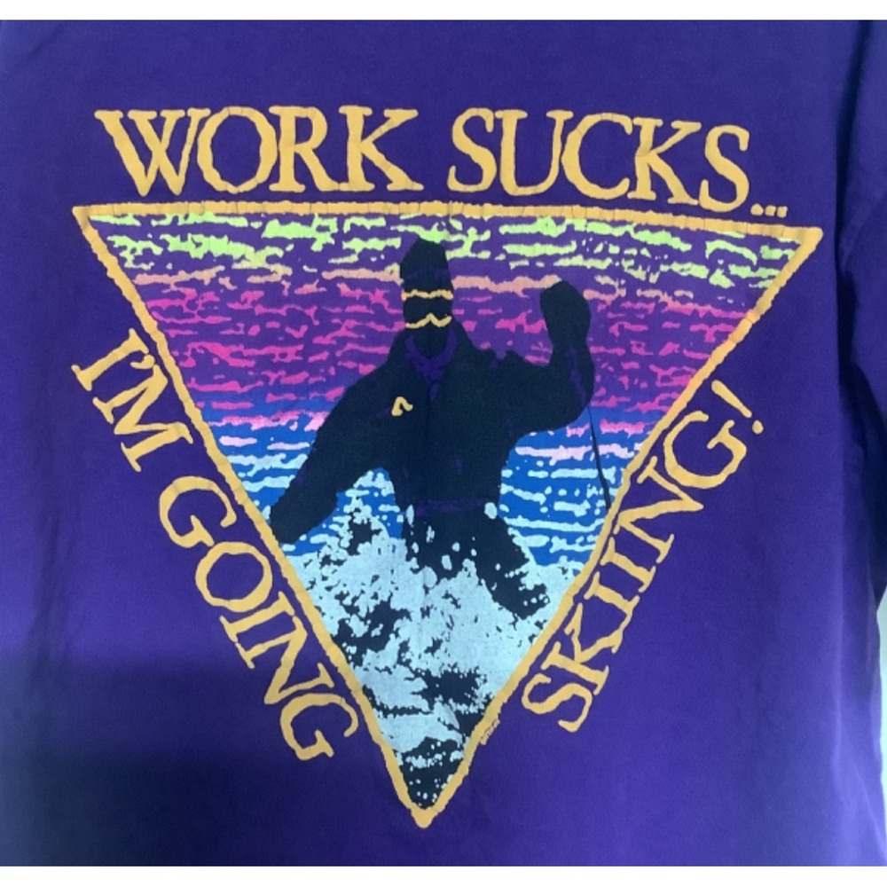 Vtg Lee Big Bear Lake Graphic Tee WORK SUCKS IM GOING SKIING Sz L XL Purple USA
